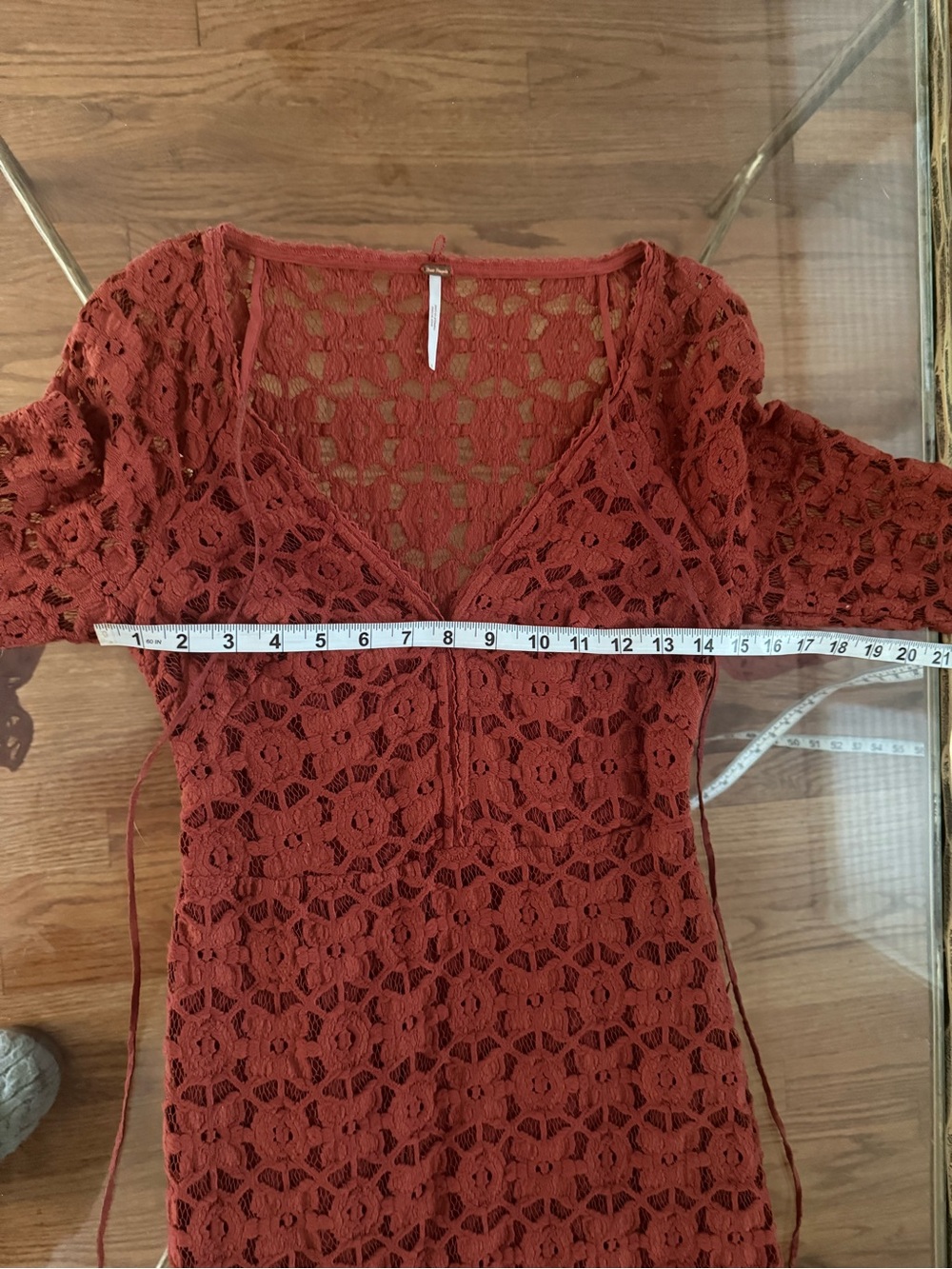 Free People Rust Crochet Lace Bell Sleeve Lined Festival Boho Mini Dress Sz 0 - Picture 11 of 15